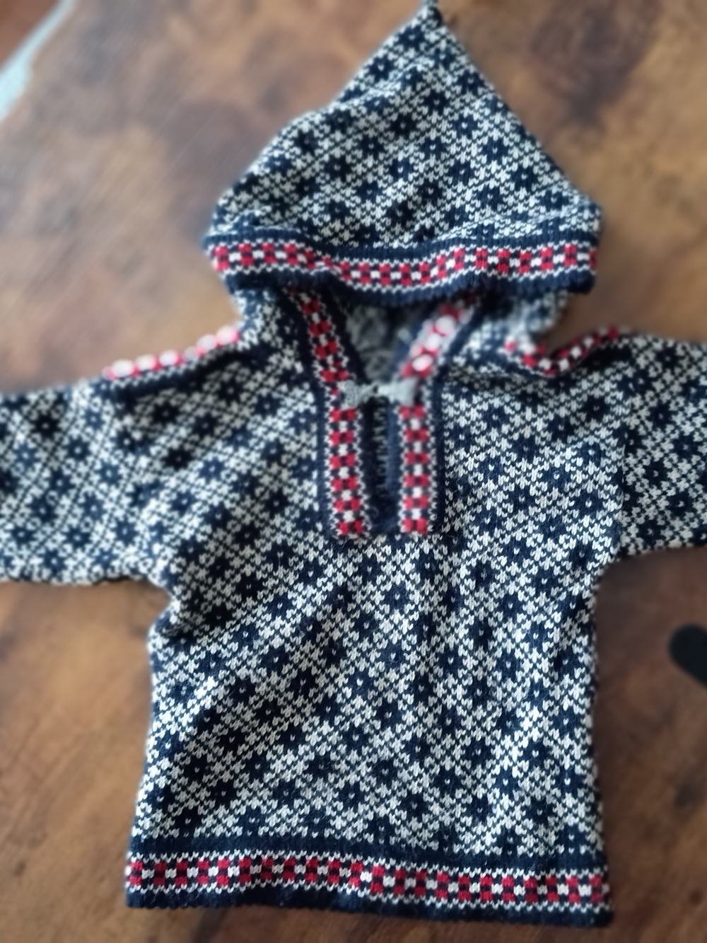 Kids Navy and White Hooded Nordic Sweater with Red Trim